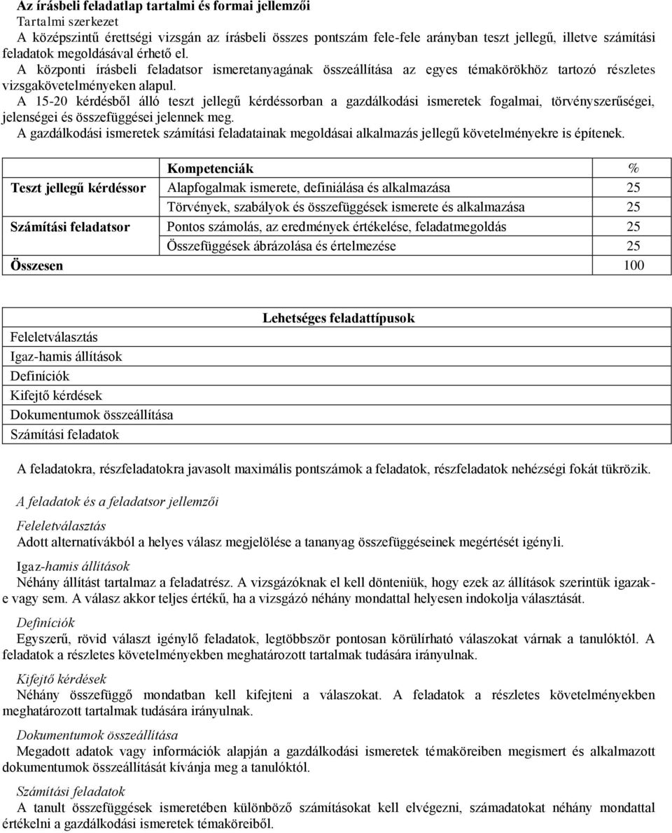 A 15-20 kérdésből álló teszt jellegű kérdéssorban a gazdálkodási ismeretek fogalmai, törvényszerűségei, jelenségei és összefüggései jelennek meg.