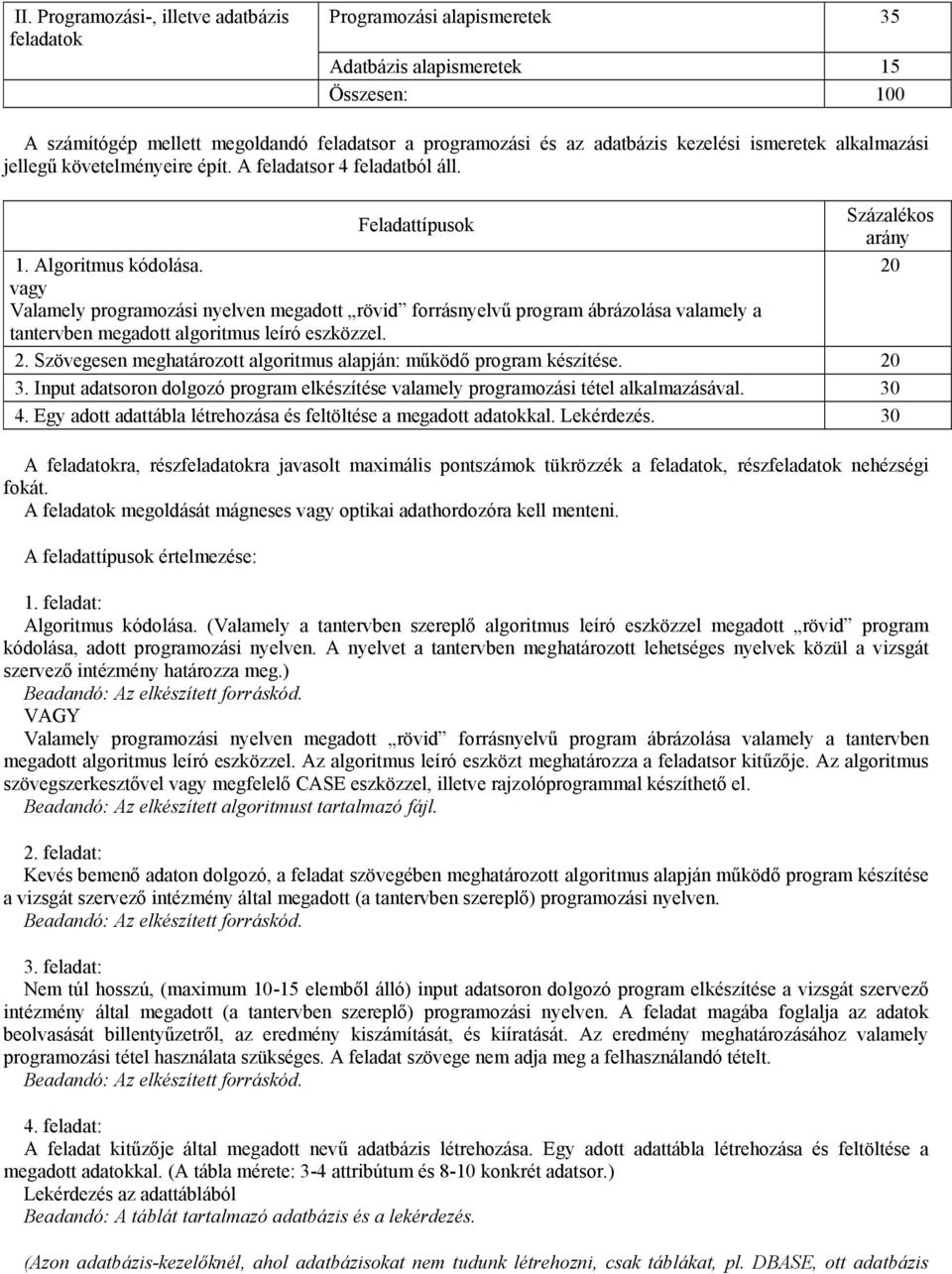 vagy Valamely programozási nyelven megadott rövid forrásnyelvű program ábrázolása valamely a tantervben megadott algoritmus leíró eszközzel. Százalékos arány 20 2.