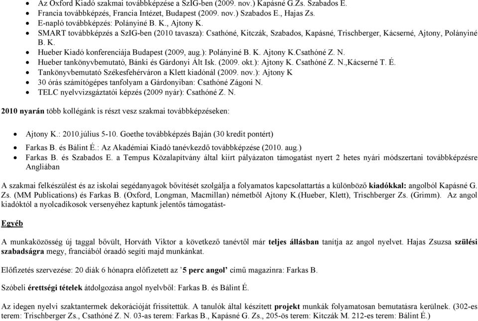 ): Polányiné B. K. Ajtony K.Csathóné Z. N. Hueber tankönyvbemutató, Bánki és Gárdonyi Ált Isk. (2009. okt.): Ajtony K. Csathóné Z. N.,Kácserné T. É.