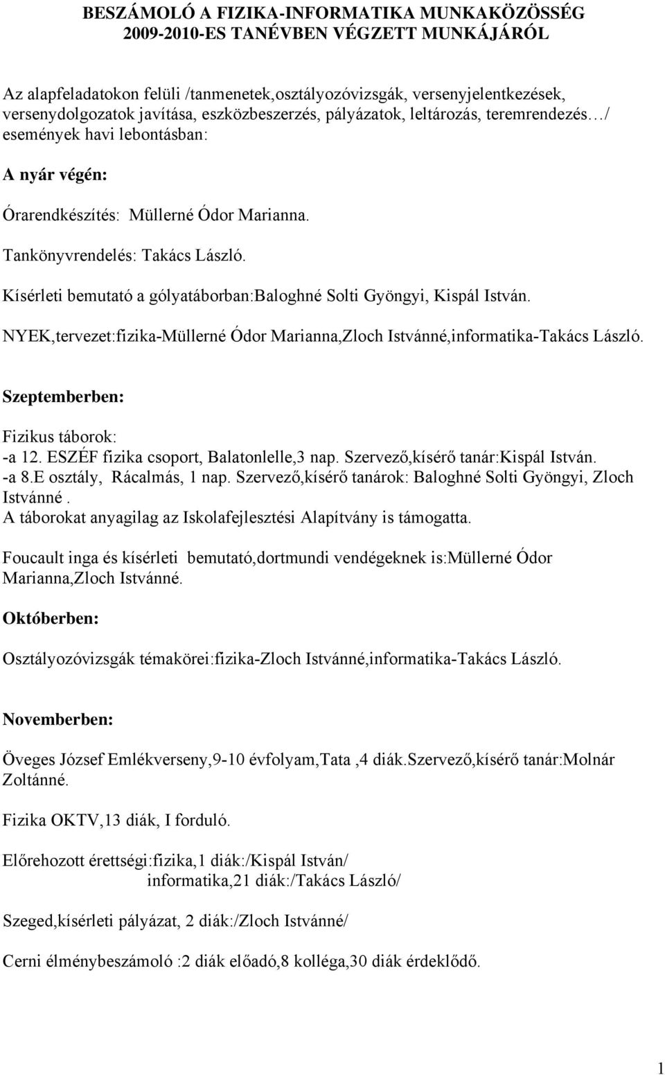 Kísérleti bemutató a gólyatáborban:baloghné Solti Gyöngyi, Kispál István. NYEK,tervezet:fizika-Müllerné Ódor Marianna,Zloch Istvánné,informatika-Takács László. Szeptemberben: Fizikus táborok: -a 12.