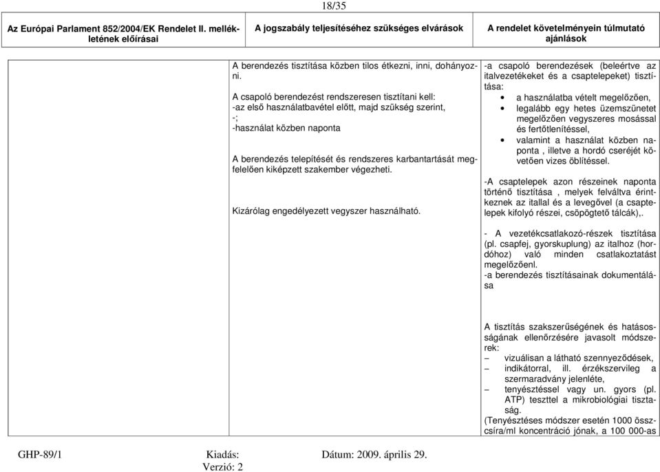 A csapoló berendezést rendszeresen tisztítani kell: -az első használatbavétel előtt, majd szükség szerint, -; -használat közben naponta A berendezés telepítését és rendszeres karbantartását