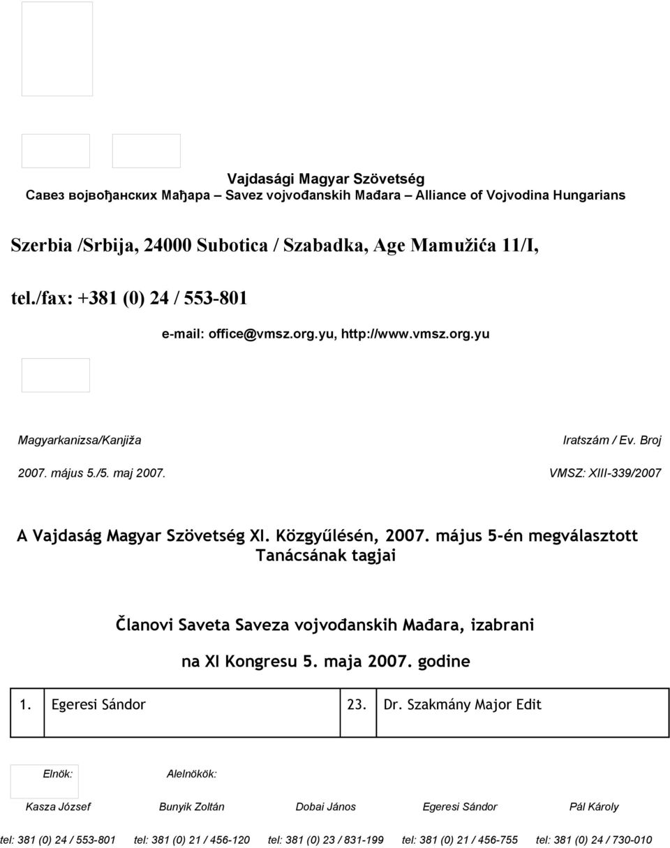 2007 május 5-én megválasztott Tanácsának tagjai Članovi Saveta Saveza