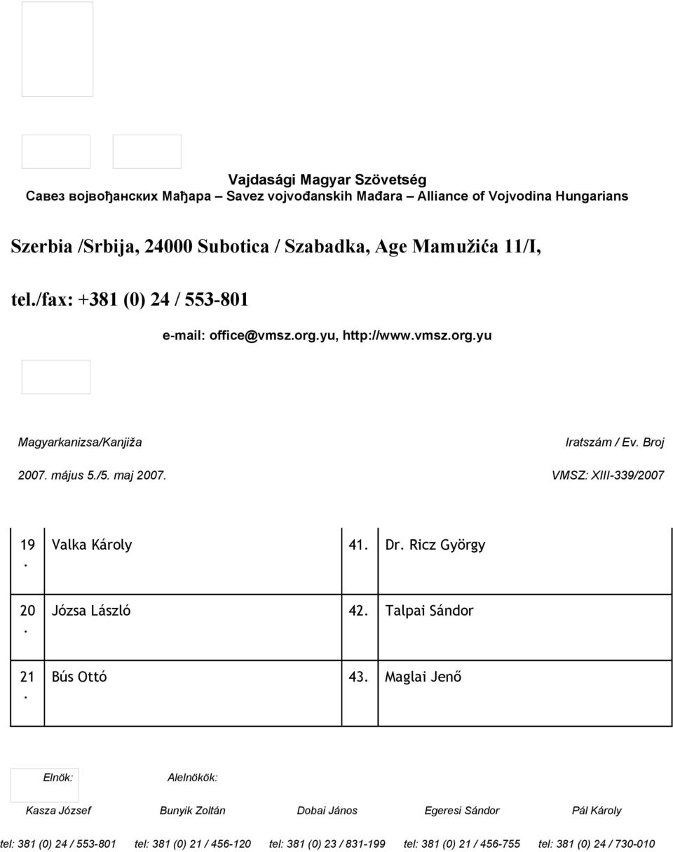 maj 2007 Iratszám / Ev Broj 19 Valka Károly 41 Dr