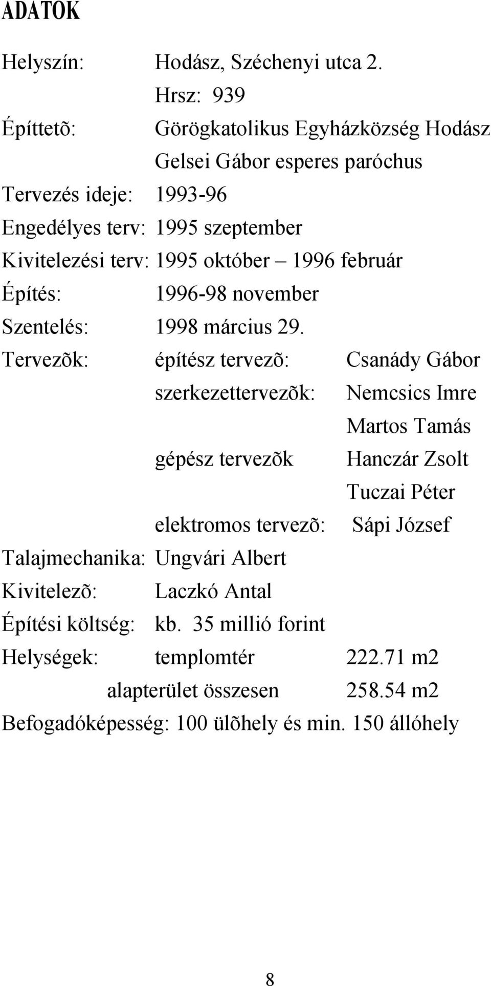 1995 október 1996 február Építés: 199698 november Szentelés: 1998 március 29.