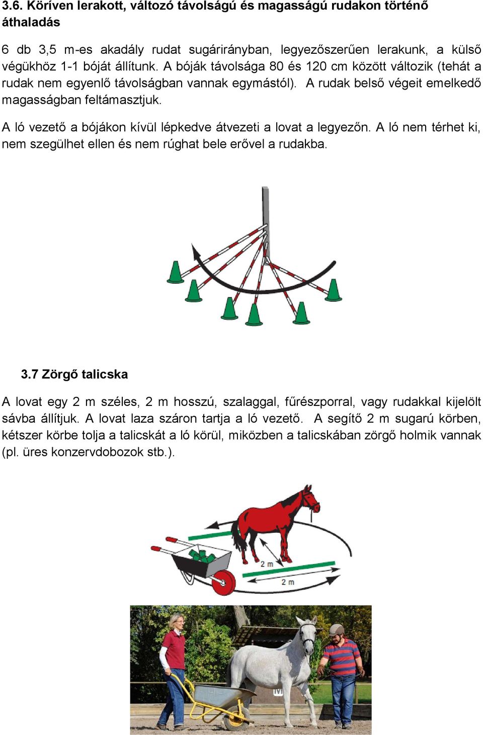 A ló vezető a bójákon kívül lépkedve átvezeti a lovat a legyezőn. A ló nem térhet ki, nem szegülhet ellen és nem rúghat bele erővel a rudakba. 3.