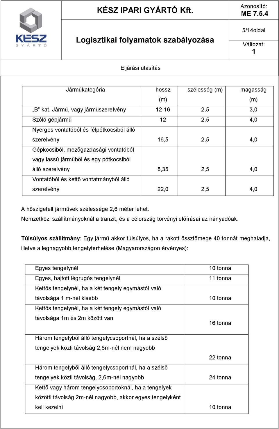 pótkocsiból álló szerelvény 8,35 2,5 4,0 Vontatóból és kettő vontatmányból álló szerelvény 22,0 2,5 4,0 A hőszigetelt járművek szélessége 2,6 méter lehet.