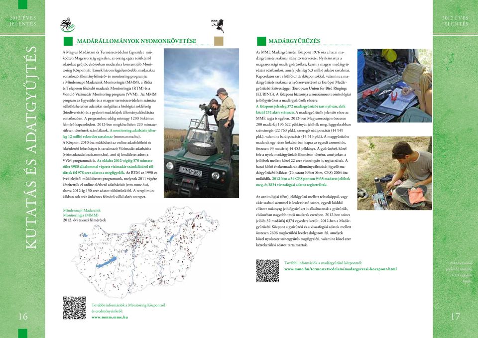 Ennek három legjelentősebb, madarakra vonatkozó állományfelmérő- és monitoring programja: a Mindennapi Madaraink Monitoringja (MMM), a Ritka és Telepesen fészkelő madarak Monitoringja (RTM) és a