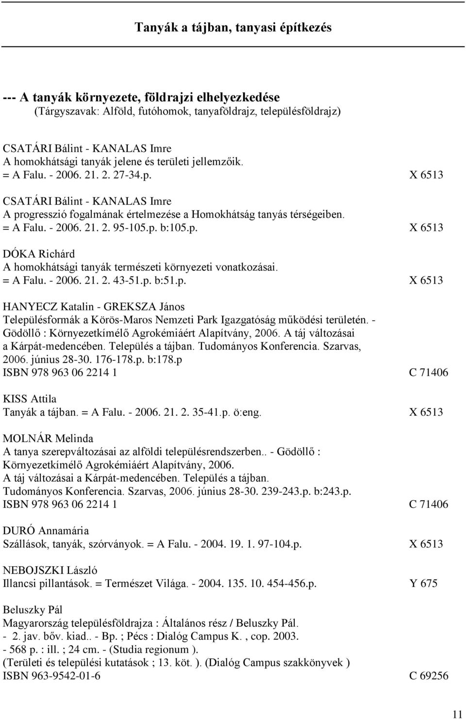 p. b:105.p. X 6513 DÓKA Richárd A homokhátsági tanyák természeti környezeti vonatkozásai. = A Falu. - 2006. 21. 2. 43-51.p. b:51.p. X 6513 HANYECZ Katalin - GREKSZA János Településformák a Körös-Maros Nemzeti Park Igazgatóság működési területén.