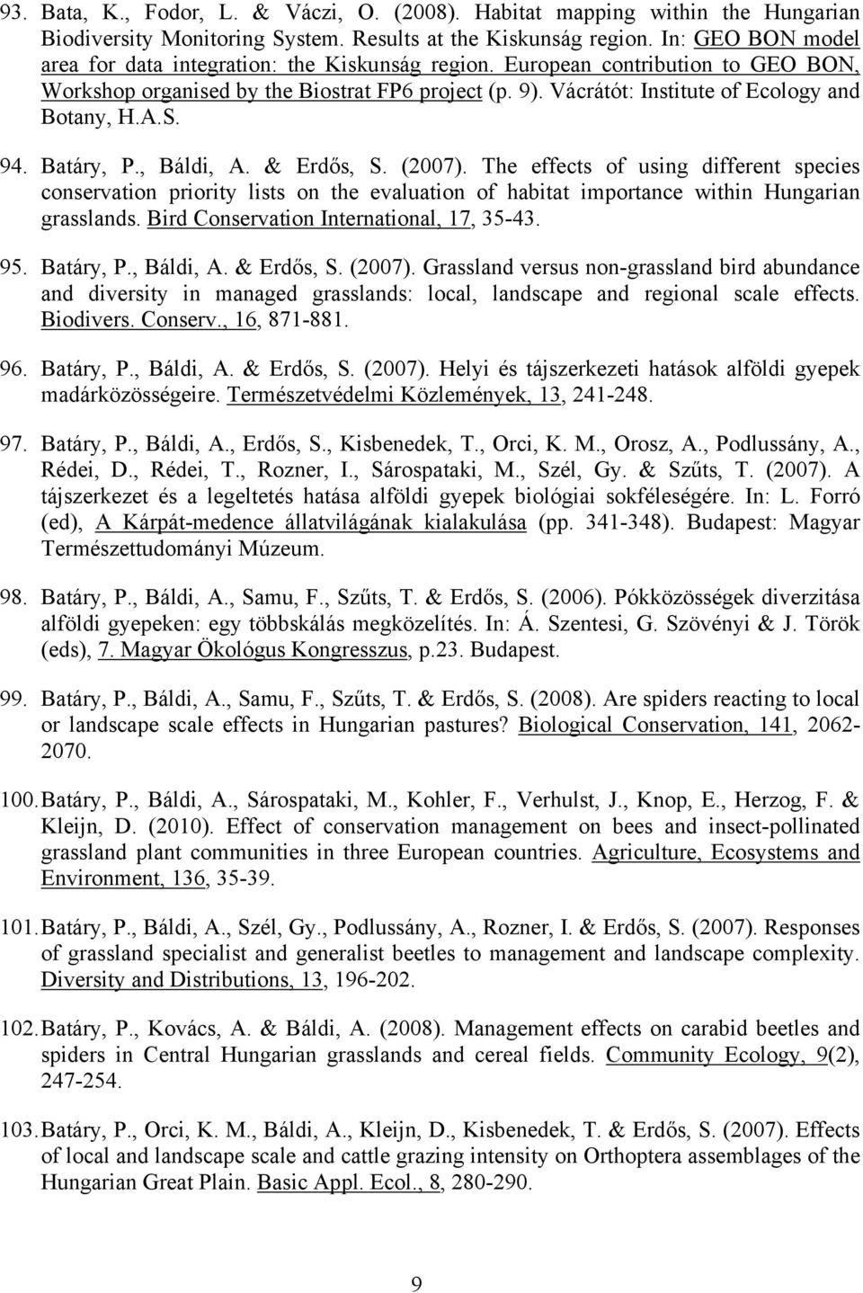 Vácrátót: Institute of Ecology and Botany, H.A.S. 94. Batáry, P., Báldi, A. & Erdős, S. (2007).