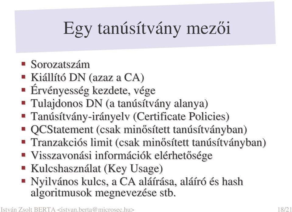 limit (csak minsített tanúsítványban) Visszavonási információk elérhetsége Kulcshasználat (Key( Usage) Nyilvános