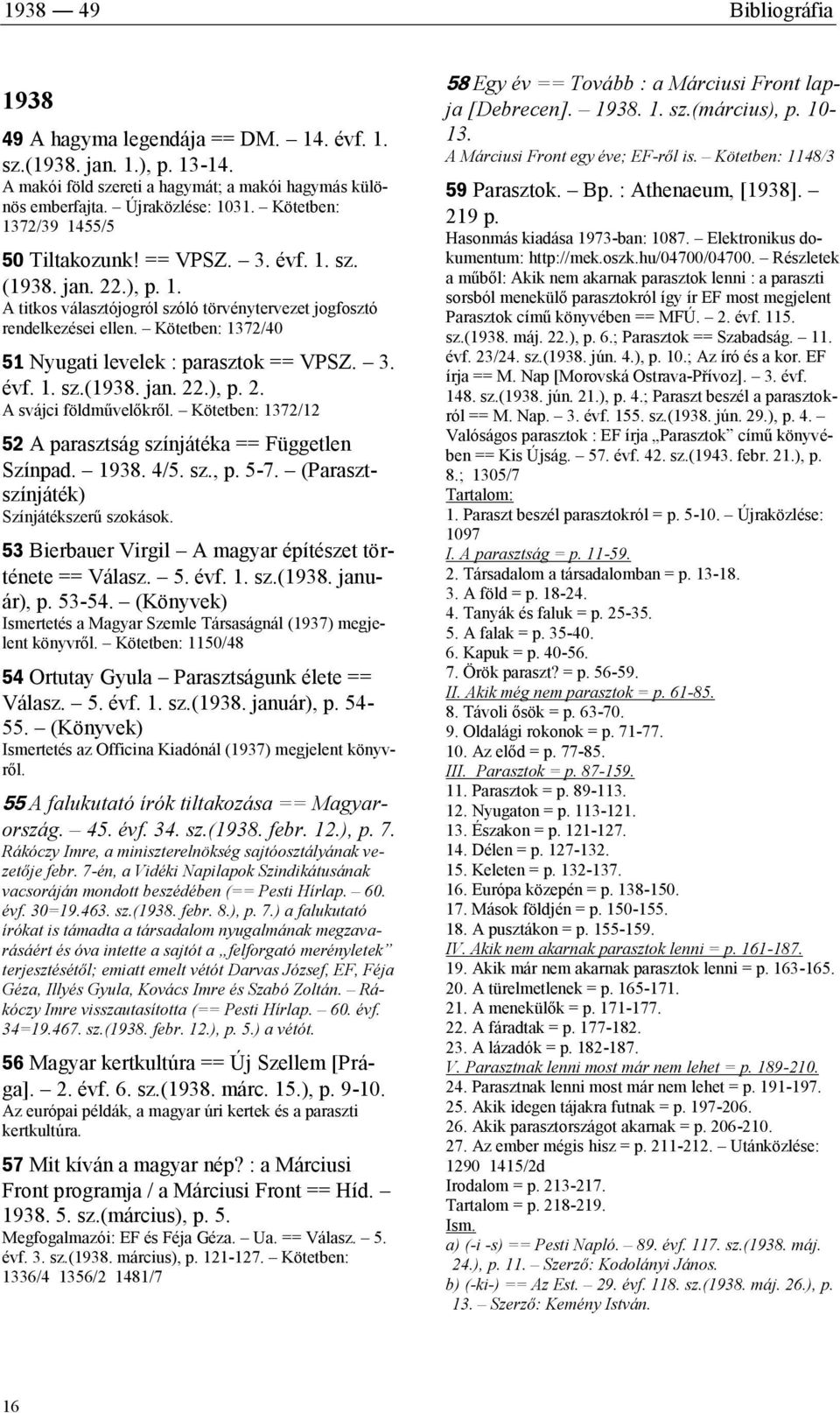 Kötetben: 1372/40 51 Nyugati levelek : parasztok == VPSZ. 3. évf. 1. sz.(1938. jan. 22.), p. 2. A svájci földművelőkről. Kötetben: 1372/12 52 A parasztság színjátéka == Független Színpad. 1938. 4/5.