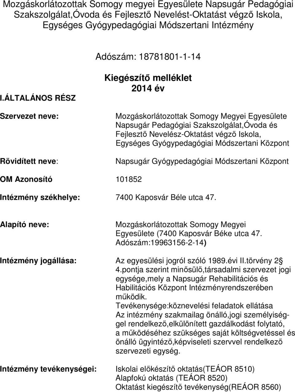 végző Iskola, Egységes Gyógypedagógiai Módszertani Központ Napsugár Gyógypedagógiai Módszertani Központ OM Azonosító 101852 Intézmény székhelye: 7400 Kaposvár Béle utca 47.