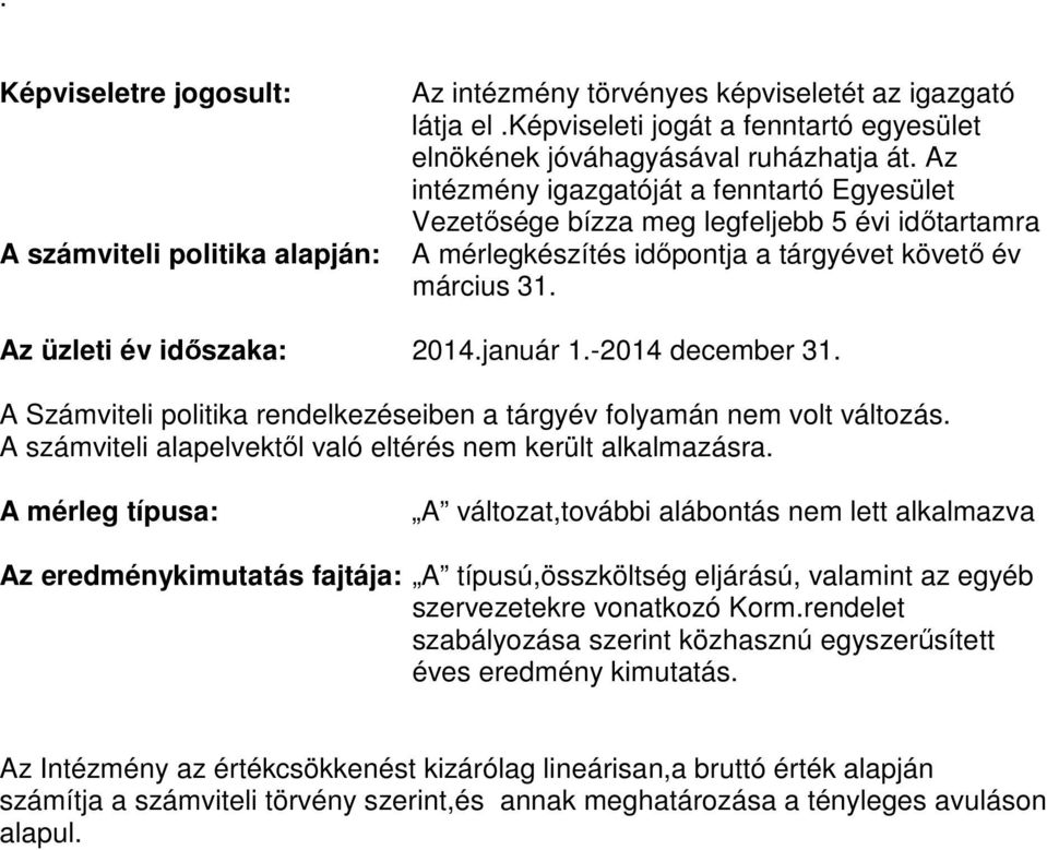 -2014 december 31. A Számviteli politika rendelkezéseiben a tárgyév folyamán nem volt változás. A számviteli alapelvektől való eltérés nem került alkalmazásra.