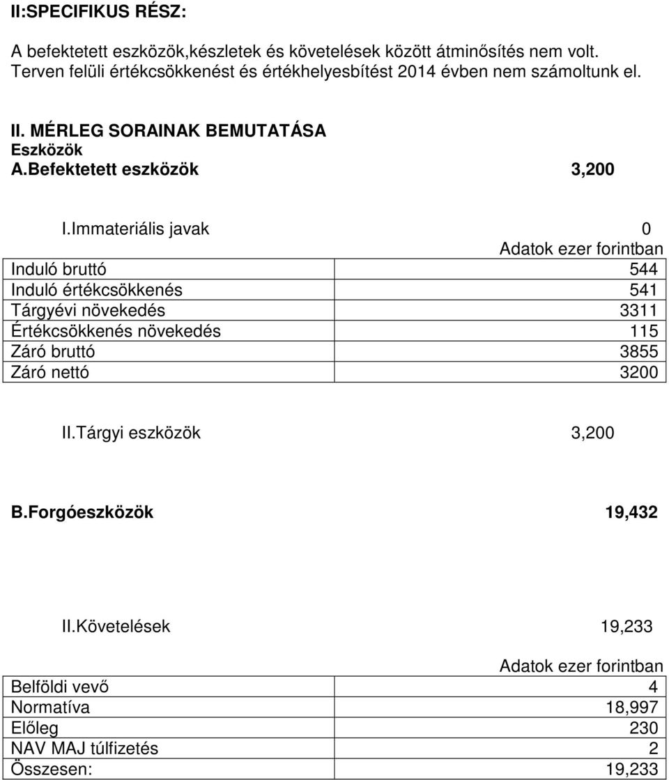 Befektetett eszközök 3,200 I.