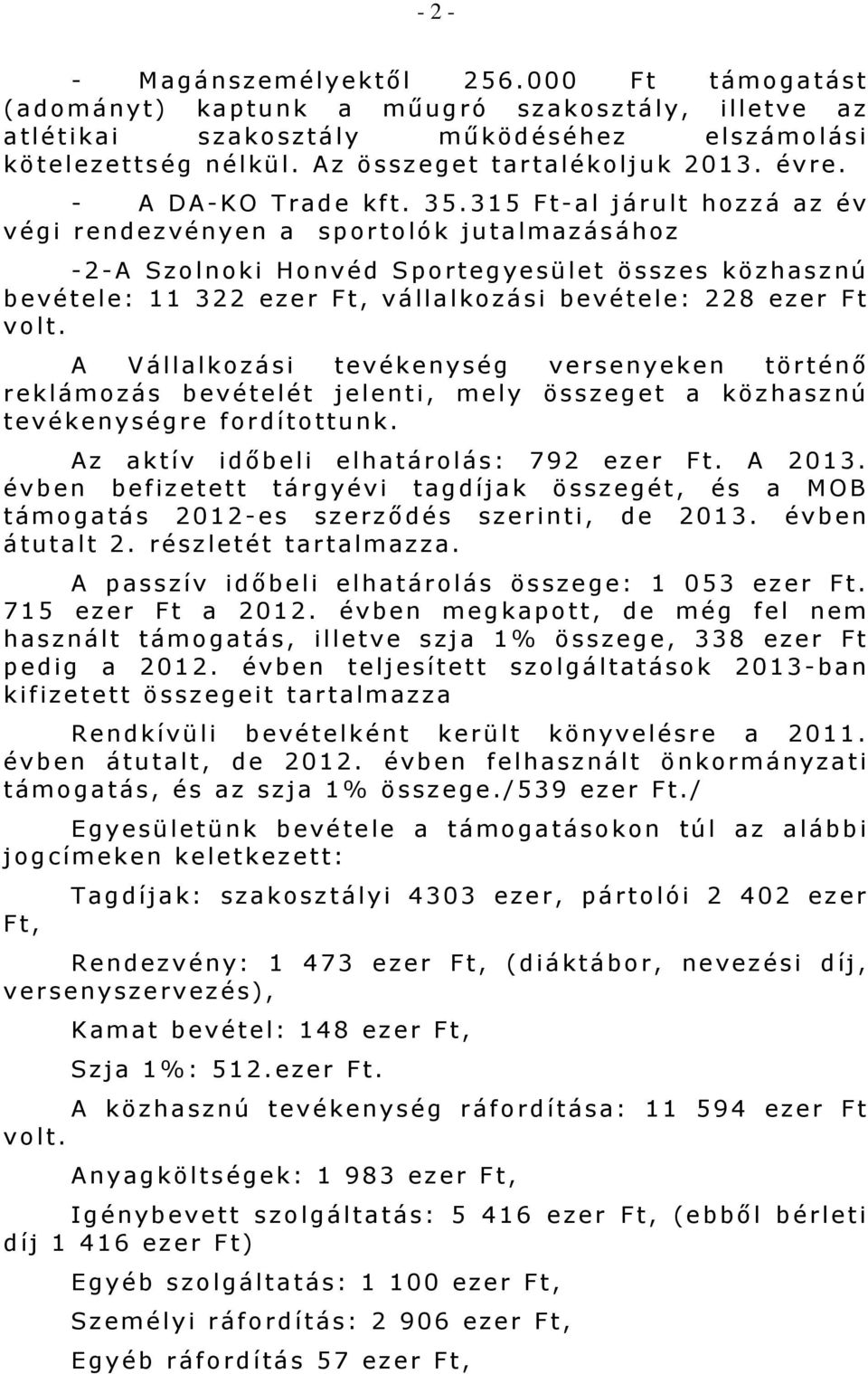 315 Ft-al járult hozzá az év végi rendezvényen a sportolók jutalmazásához -2-A Szolnoki Honvéd Sportegyesület összes közhasznú bevétele: 11 322 ezer Ft, vállalkozási bevétele: 228 ezer Ft volt.