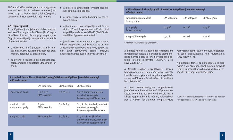6 Díjkategóriák Az autópályadíj a díjköteles utakon megtett szakasztól, a tengelyszámtól és a jármű vagy a járműkombináció károsanyag-kategóriájától függ.