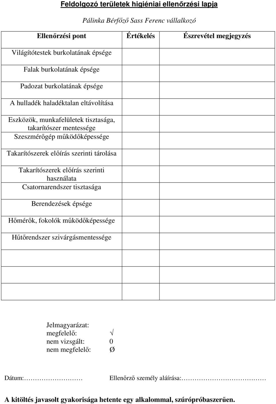 Takarítószerek előírás szerinti tárolása Takarítószerek előírás szerinti használata Csatornarendszer tisztasága Berendezések épsége Hőmérők, fokolók működőképessége Hűtőrendszer