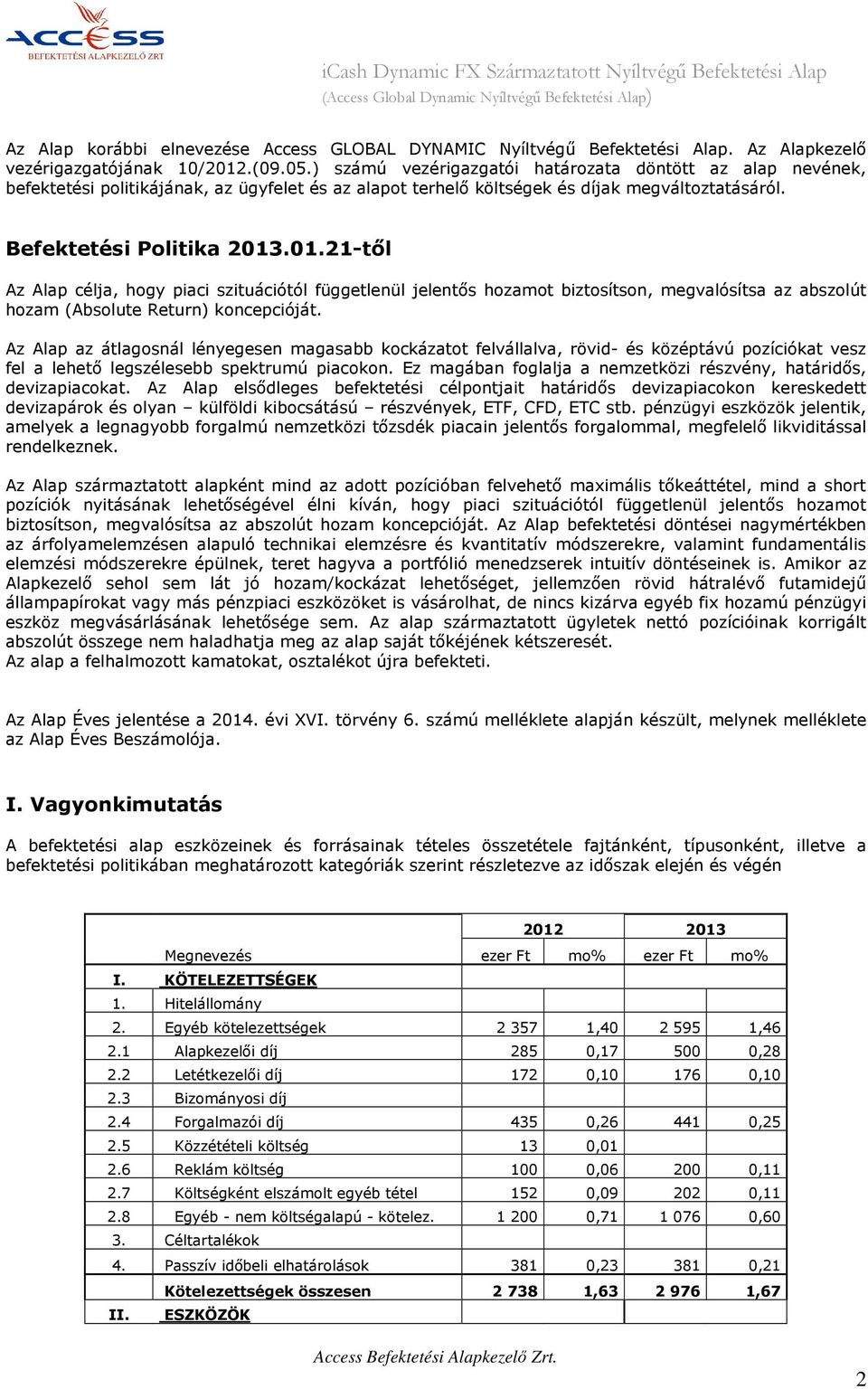 ) számú vezérigazgatói határozata döntött az alap nevének, befektetési politikájának, az ügyfelet és az alapot terhelő költségek és díjak megváltoztatásáról. Befektetési Politika 2013