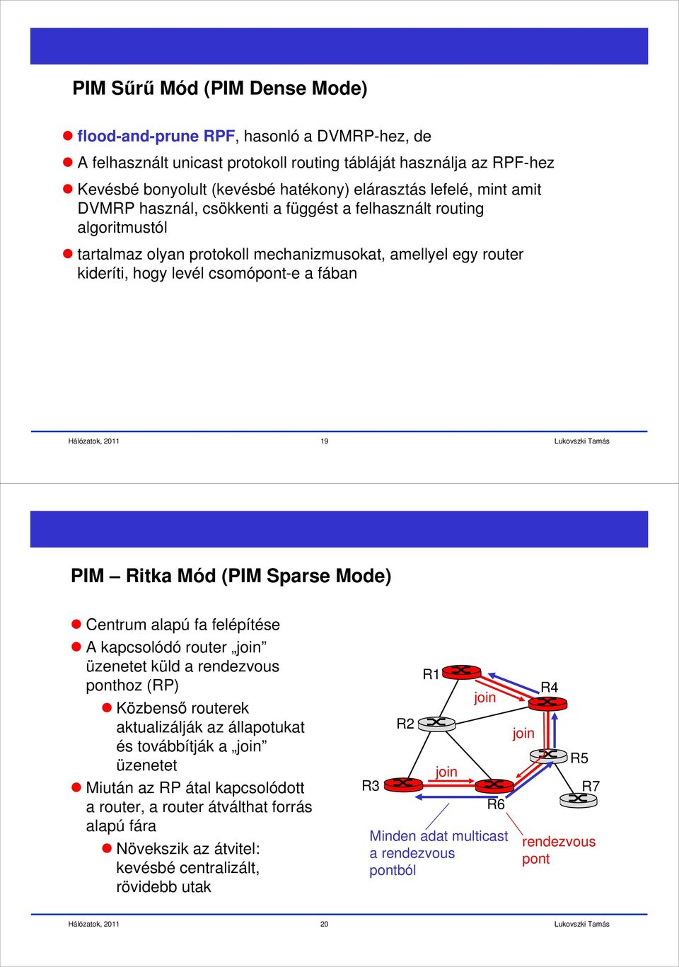 Ritka Mód (PIM Sparse Mode) Centrum alapú fa felépítése A kapcsolódó router join üzenetet küld a rendezvous ponthoz (RP) Közbensı routerek aktualizálják az állapotukat és továbbítják a join üzenetet