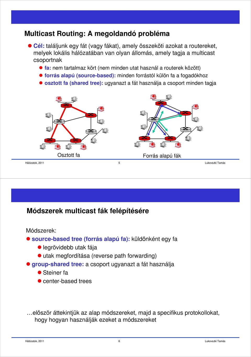 Osztott fa Forrás alapú fák 5 Módszerek multicast fák felépítésére Módszerek: source-based tree (forrás alapú fa): küldınként egy fa legrövidebb utak fája utak megfordítása (reverse path forwarding)