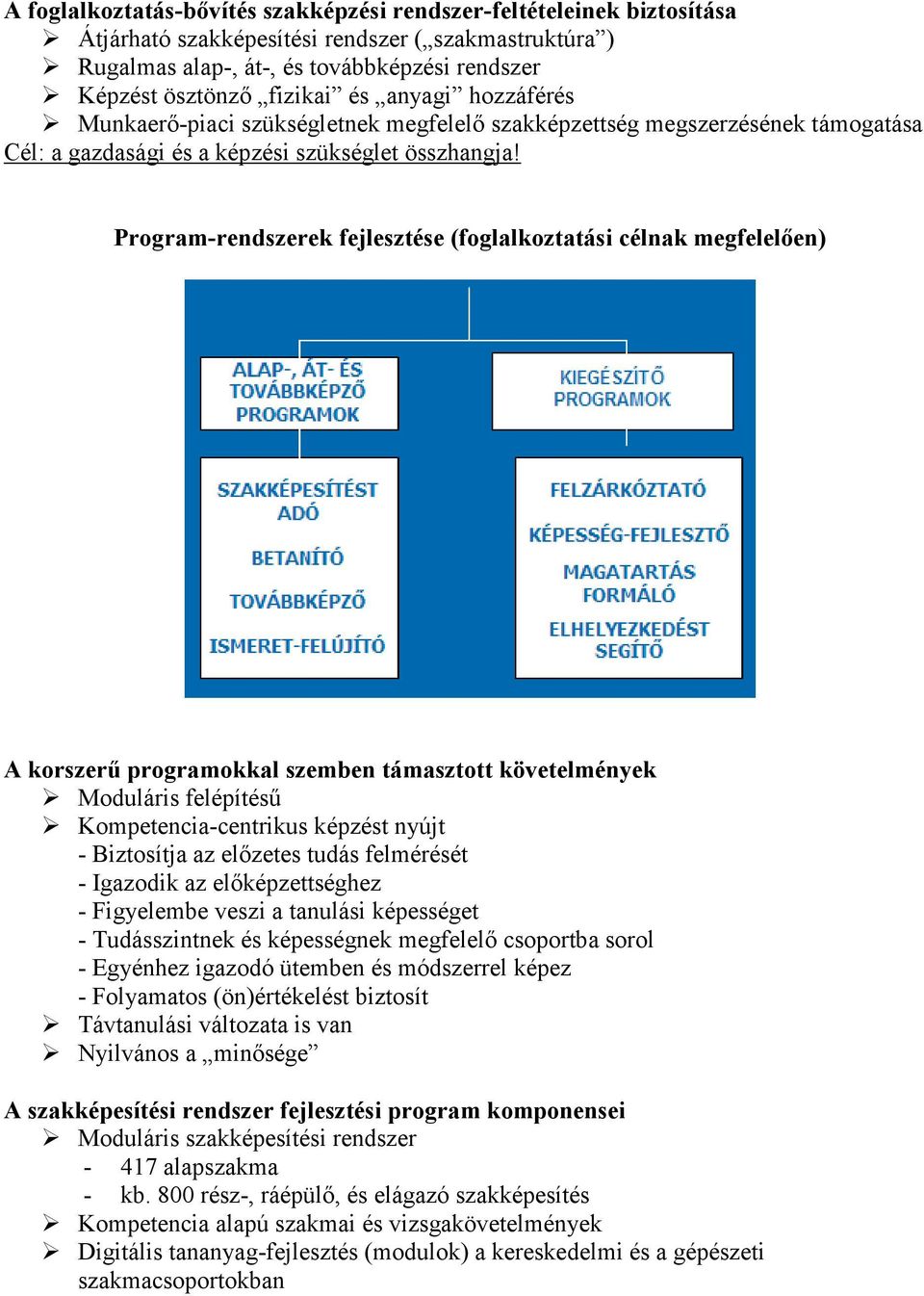 Program-rendszerek fejlesztése (foglalkoztatási célnak megfelelően) A korszerű programokkal szemben támasztott követelmények Moduláris felépítésű Kompetencia-centrikus képzést nyújt - Biztosítja az