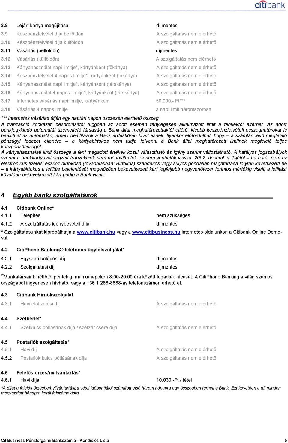 14 Készpénzfelvétel 4 napos limitje*, kártyánként (főkártya) A szolgáltatás nem elérhető 3.15 Kártyahasználat napi limitje*, kártyánként (társkártya) A szolgáltatás nem elérhető 3.