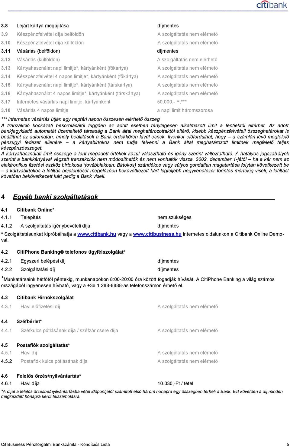 14 Készpénzfelvétel 4 napos limitje*, kártyánként (főkártya) A szolgáltatás nem elérhető 3.15 Kártyahasználat napi limitje*, kártyánként (társkártya) A szolgáltatás nem elérhető 3.