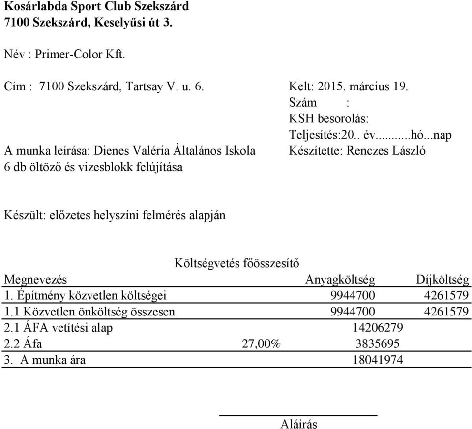 ..nap A munka leírása: Dienes Valéria Általános Iskola Készítette: Renczes László 6 db öltöző és vizesblokk felújítása Készült: előzetes helyszíni