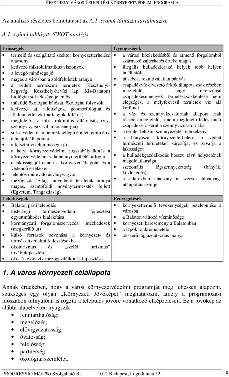 számú táblázat: SWOT analízis Erősségek Gyengeségek termelő és szolgáltató szektor környezetterhelése alacsony kedvező mikroklimatikus viszonyok a levegő minősége jó magas a városban a zöldfelületek