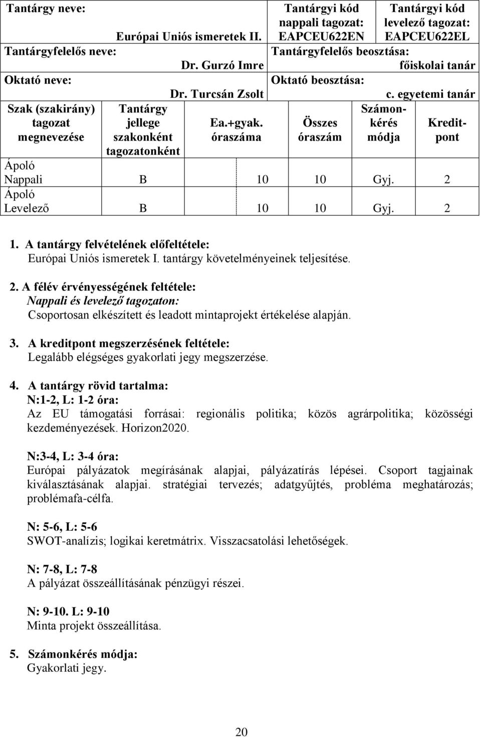 egyetemi tanár Számon- Összes kérés Kreditóraszám módja pont Nappali B 10 10 Gyj. 2 Levelező B 10 10 Gyj. 2 1. A tantárgy felvételének előfeltétele: Európai Uniós ismeretek I.