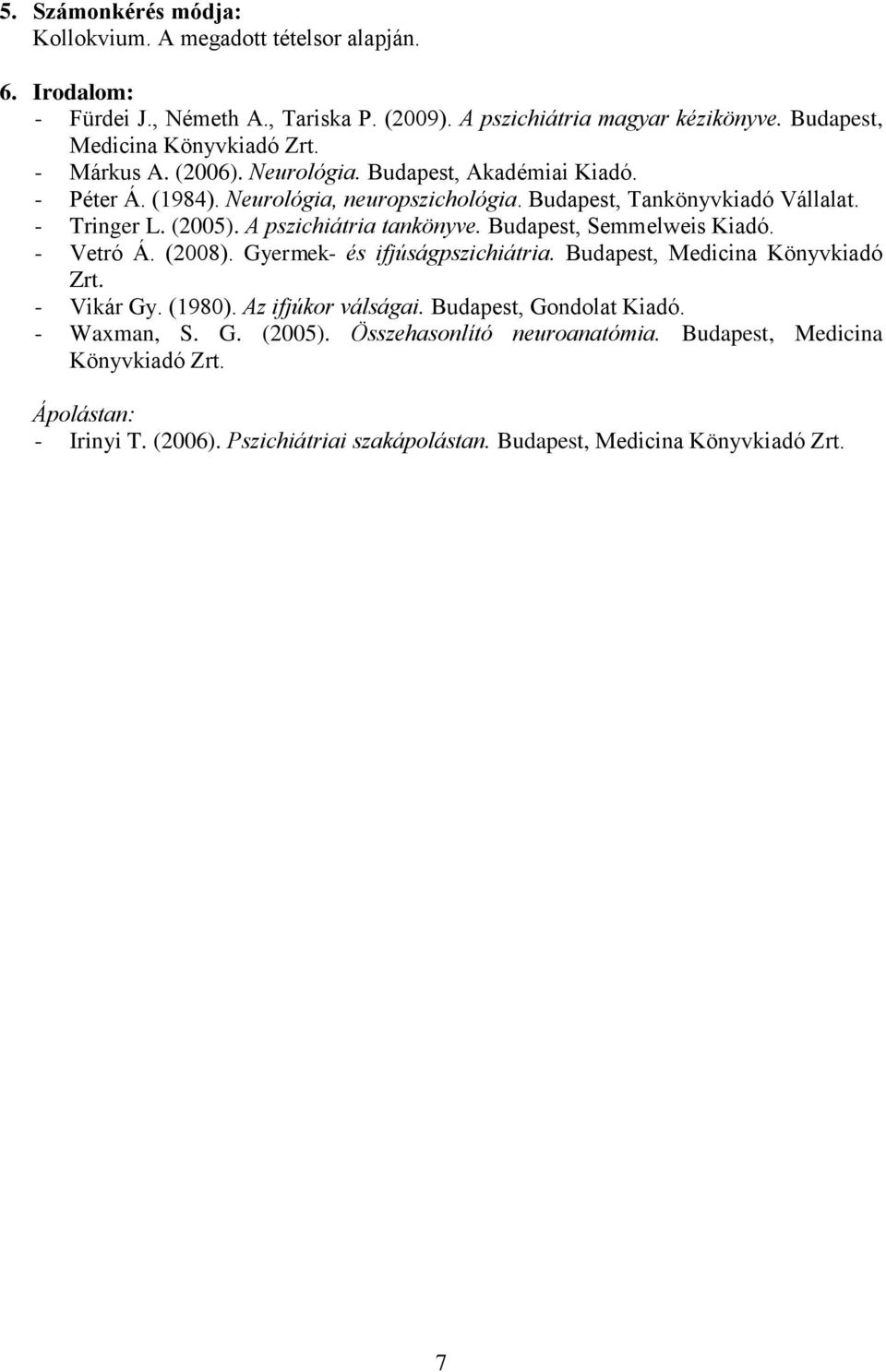 A pszichiátria tankönyve. Budapest, Semmelweis Kiadó. - Vetró Á. (2008). Gyermek- és ifjúságpszichiátria. Budapest, Medicina Könyvkiadó Zrt. - Vikár Gy. (1980). Az ifjúkor válságai.