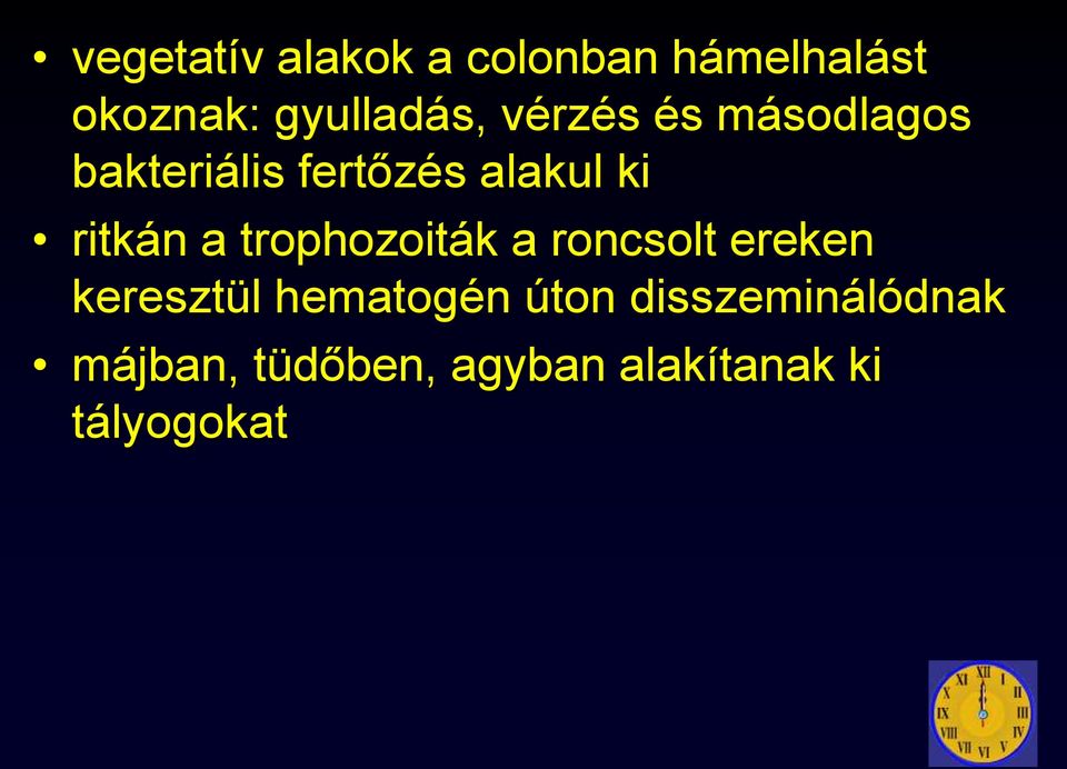 trophozoiták a roncsolt ereken keresztül hematogén úton