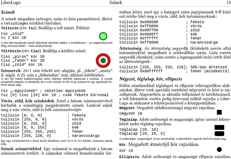 Töltőszín (röv. tlsz). Beállítja a kitöltés színét. tlsz piros kör 30 tlsz fehér kör 20 tlsz zöld kör 10 Színnevek. 24+1 szín érhető név alapján, pl. fekete, arany (l. súgó). A 25.