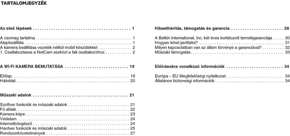 ... 31 Milyen kapcsolatban van az állam törvénye a garanciával?... 32 Műszaki támogatás.... 33 A Wi-Fi KAMERA BEMUTATÁSA... 19 Előlap... 19 Hátoldal... 20 Előírásokra vonatkozó információk.