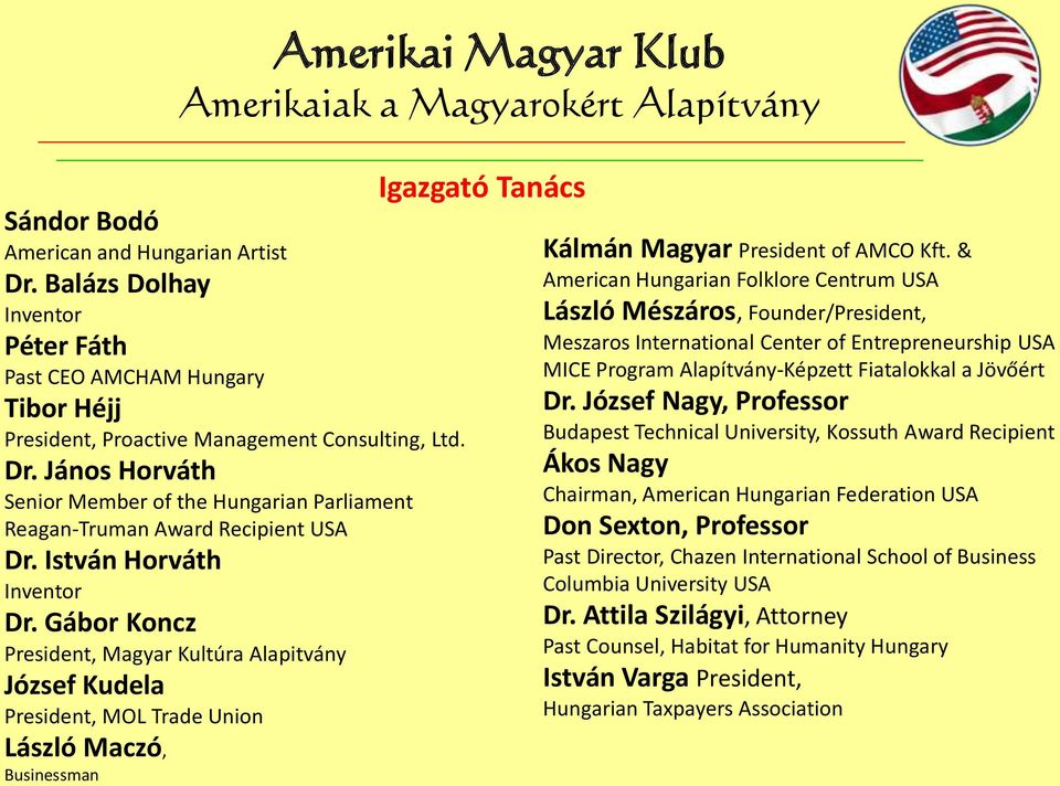 & American Hungarian Folklore Centrum USA László Mészáros, Founder/President, Meszaros International Center of Entrepreneurship USA MICE Program Alapítvány-Képzett Fiatalokkal a Jövőért Dr.