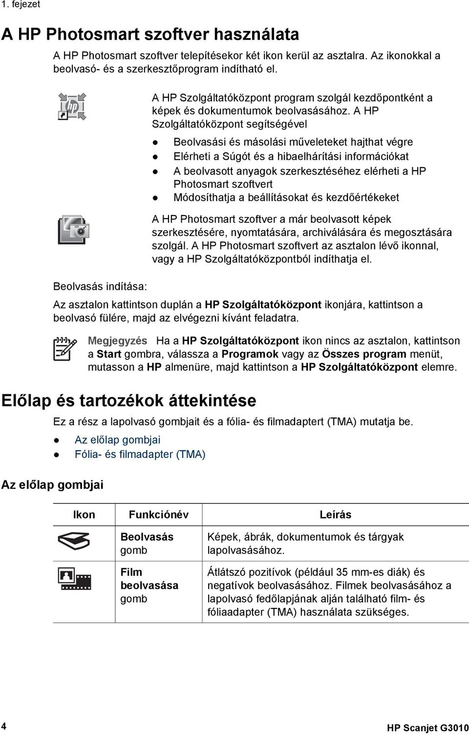 A HP Szolgáltatóközpont segítségével Beolvasási és másolási műveleteket hajthat végre Elérheti a Súgót és a hibaelhárítási információkat A beolvasott anyagok szerkesztéséhez elérheti a HP Photosmart