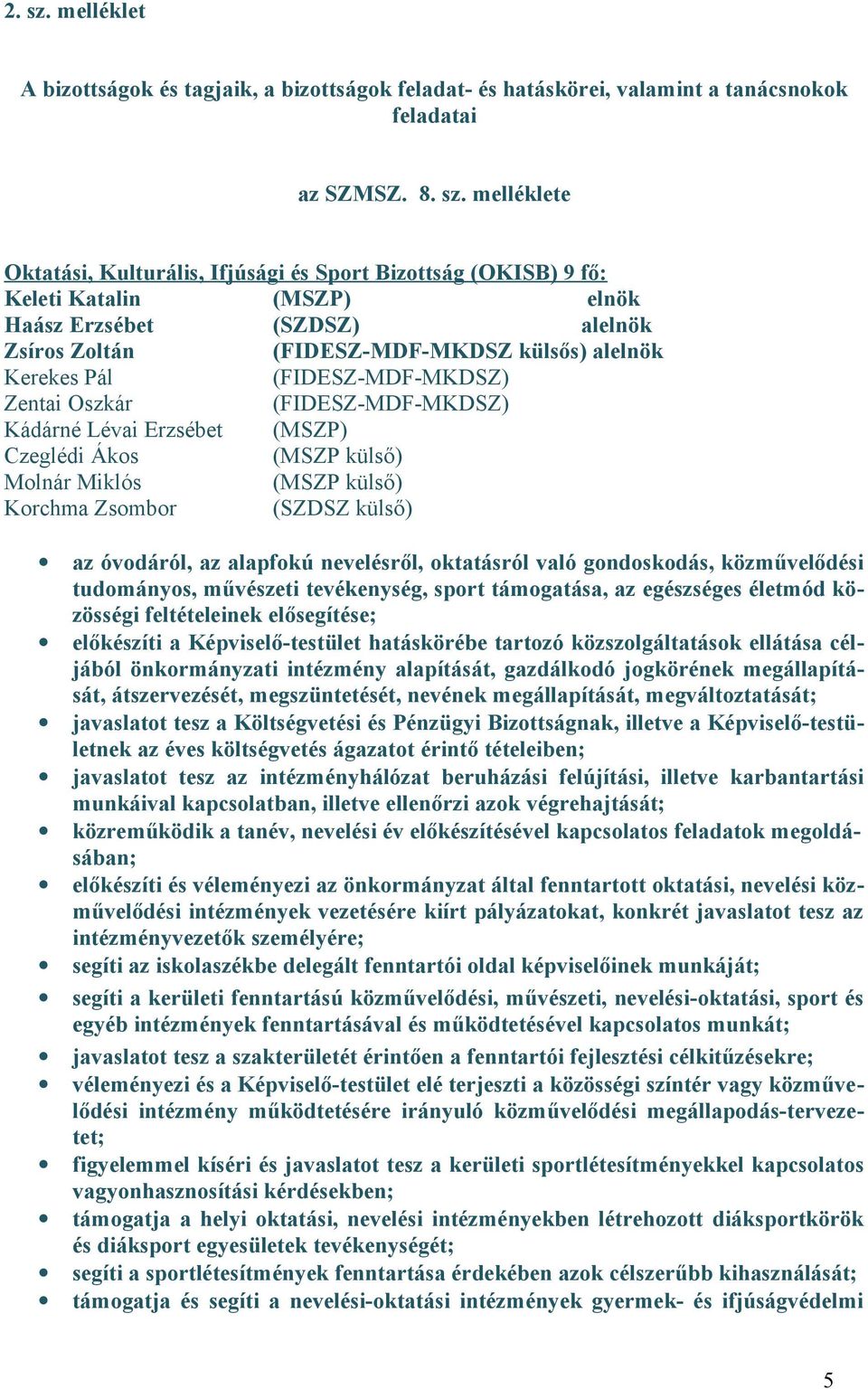 melléklete Oktatási, Kulturális, Ifjúsági és Sport Bizottság (OKISB) 9 fő: Keleti Katalin elnök Haász Erzsébet (SZDSZ) alelnök Zsíros Zoltán (FIDESZ-MDF-MKDSZ külsős) alelnök Kerekes Pál