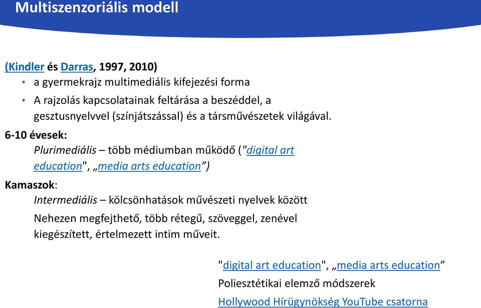 6-10 évesek: Plurimediális több médiumban működő ("digital art education", media arts education ) Kamaszok: Intermediális kölcsönhatások művészeti