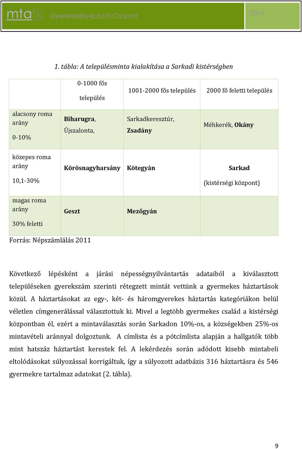 járási népességnyilvántartás adataiból a kiválasztott településeken gyerekszám szerinti rétegzett mintát vettünk a gyermekes háztartások közül.