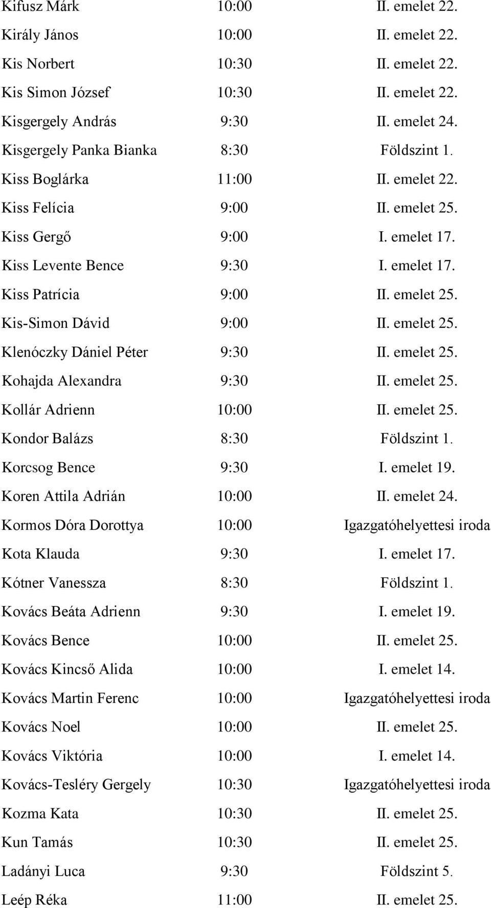 emelet 25. Kis-Simon Dávid 9:00 II. emelet 25. Klenóczky Dániel Péter 9:30 II. emelet 25. Kohajda Alexandra 9:30 II. emelet 25. Kollár Adrienn 10:00 II. emelet 25. Kondor Balázs 8:30 Földszint 1.