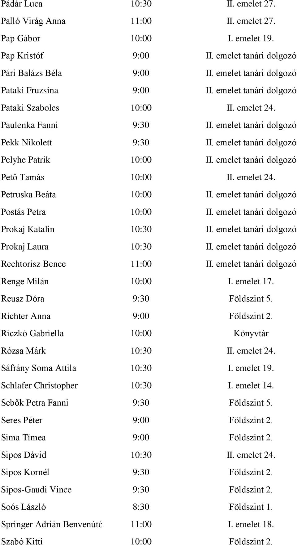 emelet tanári dolgozó Pelyhe Patrik 10:00 II. emelet tanári dolgozó Pető Tamás 10:00 II. emelet 24. Petruska Beáta 10:00 II. emelet tanári dolgozó Postás Petra 10:00 II.