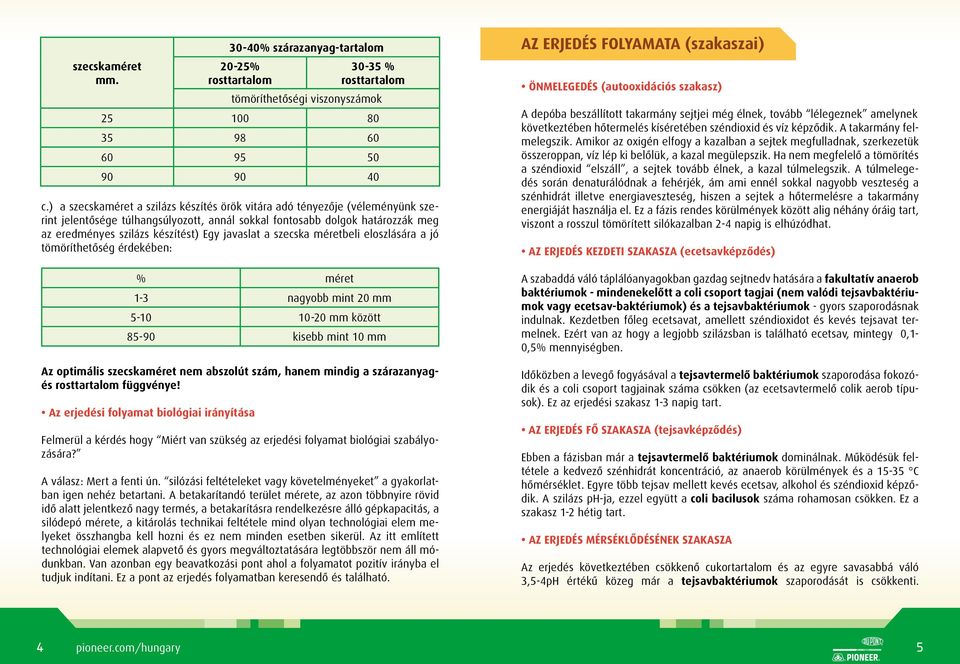 javaslat a szecska méretbeli eloszlására a jó tömöríthetőség érdekében: Az optimális szecskaméret nem abszolút szám, hanem mindig a szárazanyagés rosttartalom függvénye!