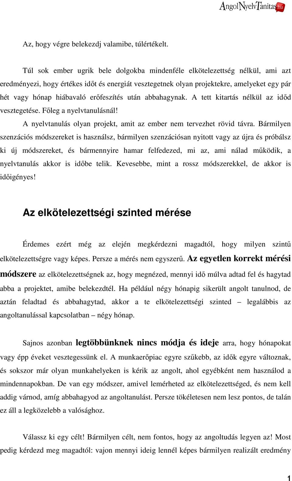 erıfeszítés után abbahagynak. A tett kitartás nélkül az idıd vesztegetése. Fıleg a nyelvtanulásnál! A nyelvtanulás olyan projekt, amit az ember nem tervezhet rövid távra.