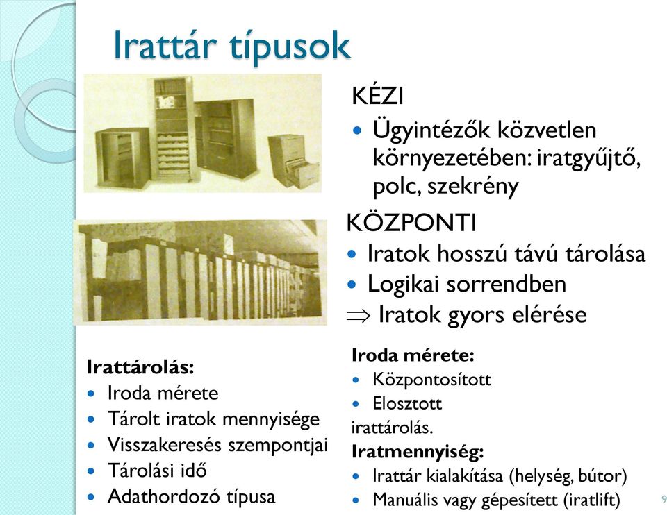 mennyisége Visszakeresés szempontjai Tárolási idő Adathordozó típusa Iroda mérete: Központosított