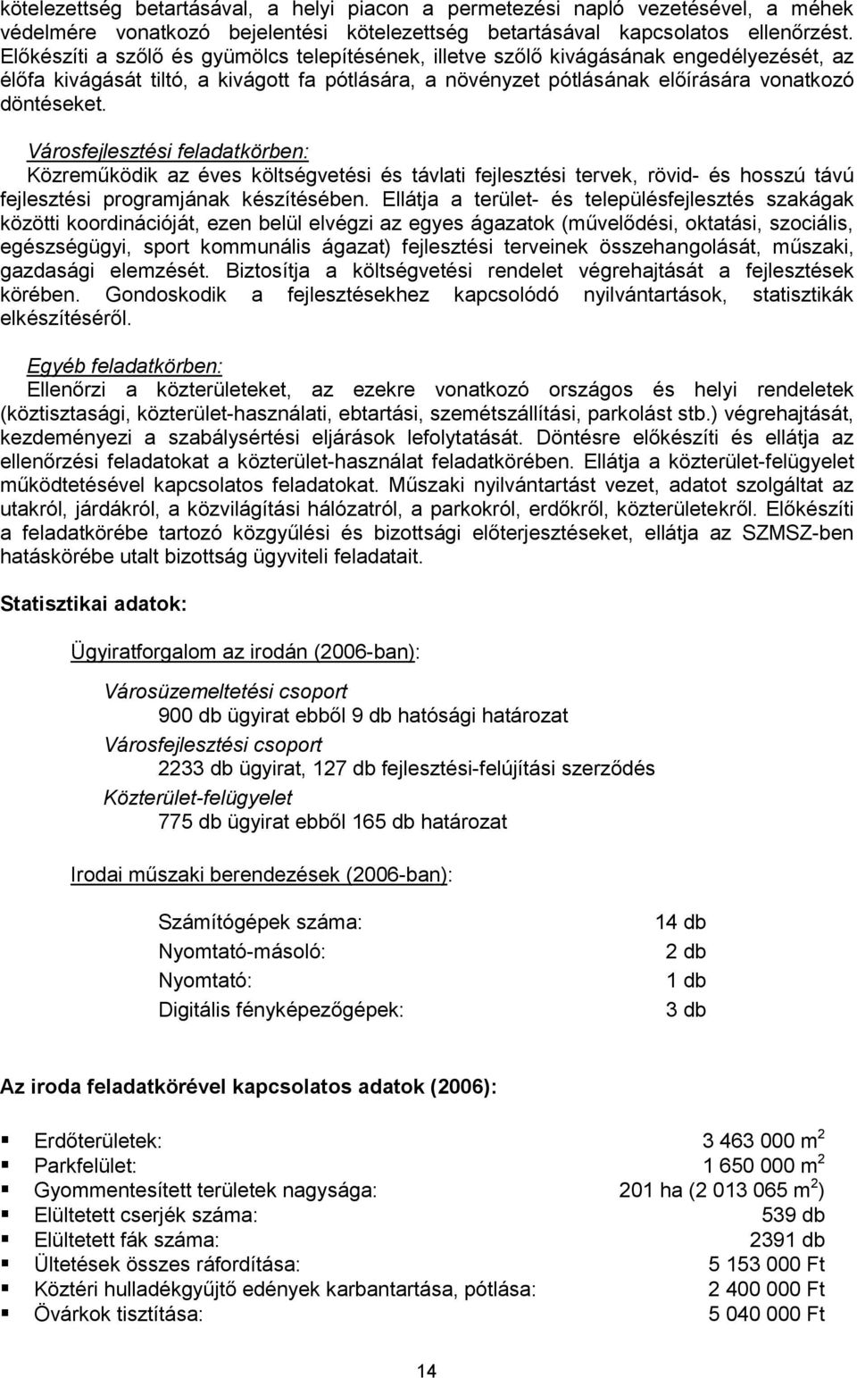 Városfejlesztési feladatkörben: Közreműködik az éves költségvetési és távlati fejlesztési tervek, rövid- és hosszú távú fejlesztési programjának készítésében.