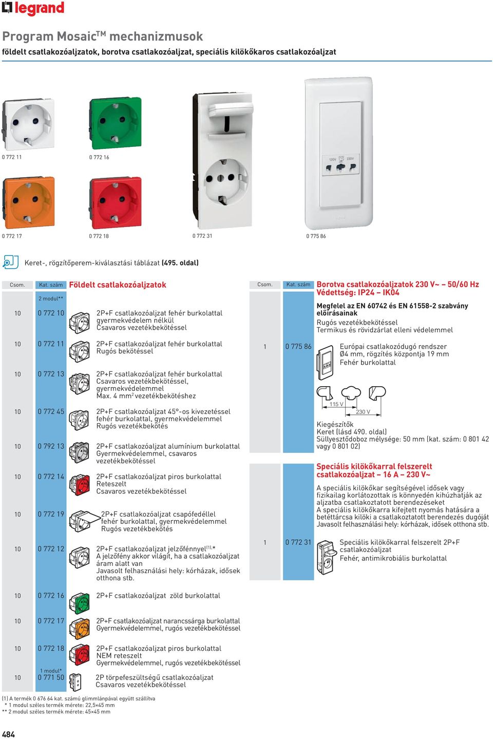 szám Földelt csatlakozóaljzatok 2 modul** 10 0 772 10 2P+F csatlakozóaljzat fehér burkolattal gyermekvédelem nélkül Csavaros vezetékbekötéssel 10 0 772 11 2P+F csatlakozóaljzat fehér burkolattal