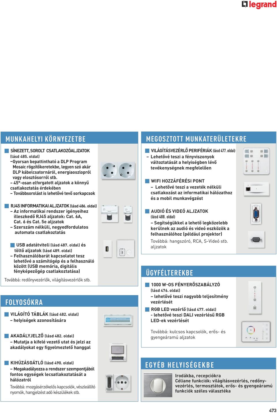 45 -osan elforgatott aljzatok a könnyű csatlakoztatás érdekében Továbbsorolást is lehetővé tevő sorkapcsok p RJ45 INFORMATIKAI ALJZATOK (lásd 486.