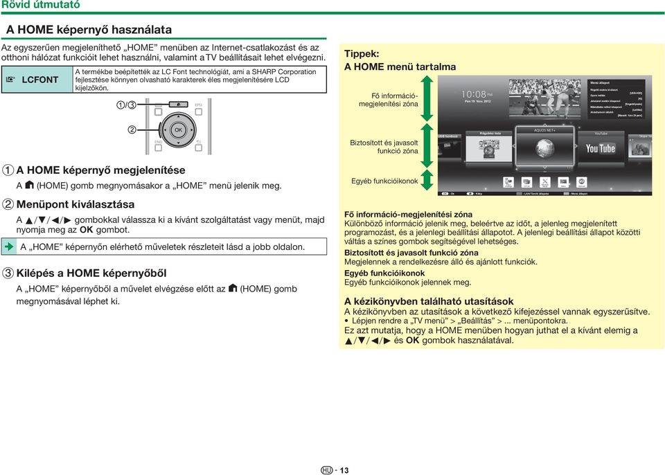 Tippek: A HOME menü tartalma Fő információmegjelenítési zóna Pén 19 Nov.