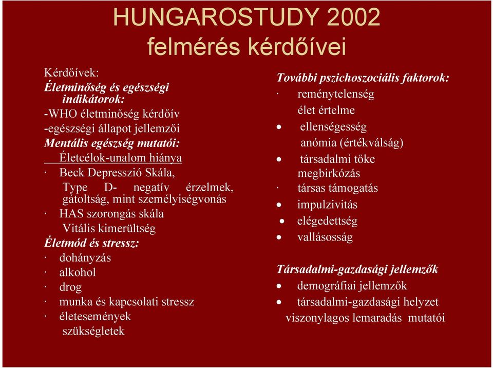 kapcsolati stressz életesemények szükségletek felmérés kérdőívei További pszichoszociális faktorok: reménytelenség élet értelme ellenségesség anómia (értékválság) társadalmi