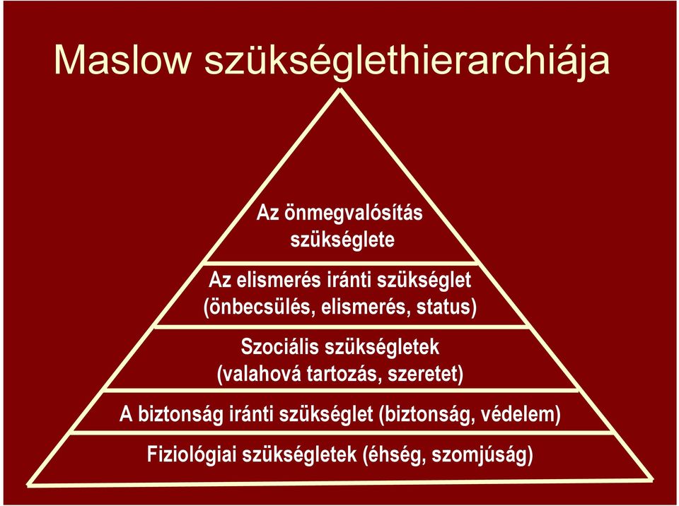 Szociális szükségletek (valahová tartozás, szeretet) A biztonság